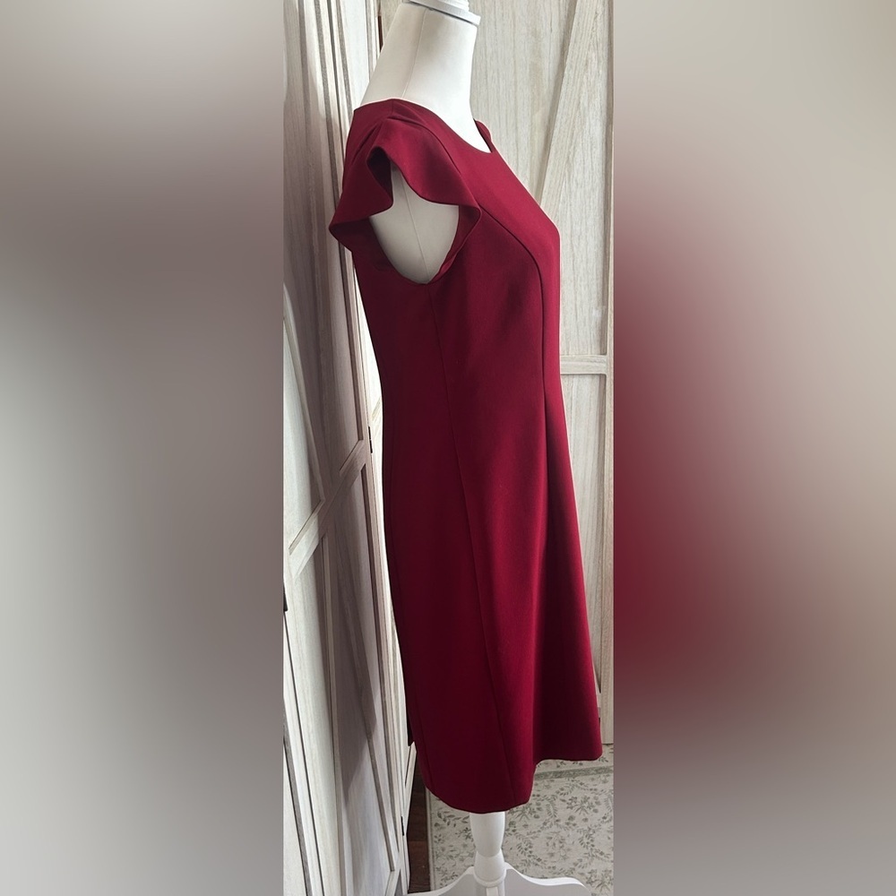 Talbots Burgundy Red Sheath Midi Dress with Ruffle Cap Sleeves Sz 6 EUC Feminine - Picture 3 of 10